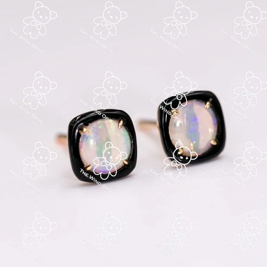Black Agate Round Australian Solid Opal Stud Earrings 18K Yellow Gold