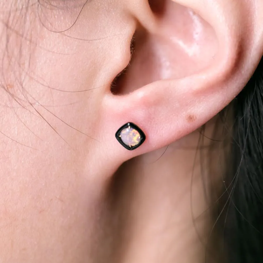 Black Agate Round Australian Solid Opal Stud Earrings 18K Yellow Gold