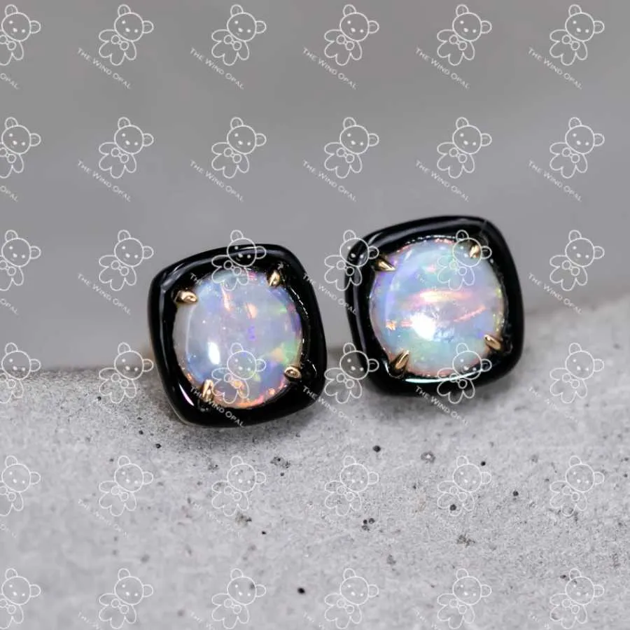 Black Agate Round Australian Solid Opal Stud Earrings 18K Yellow Gold