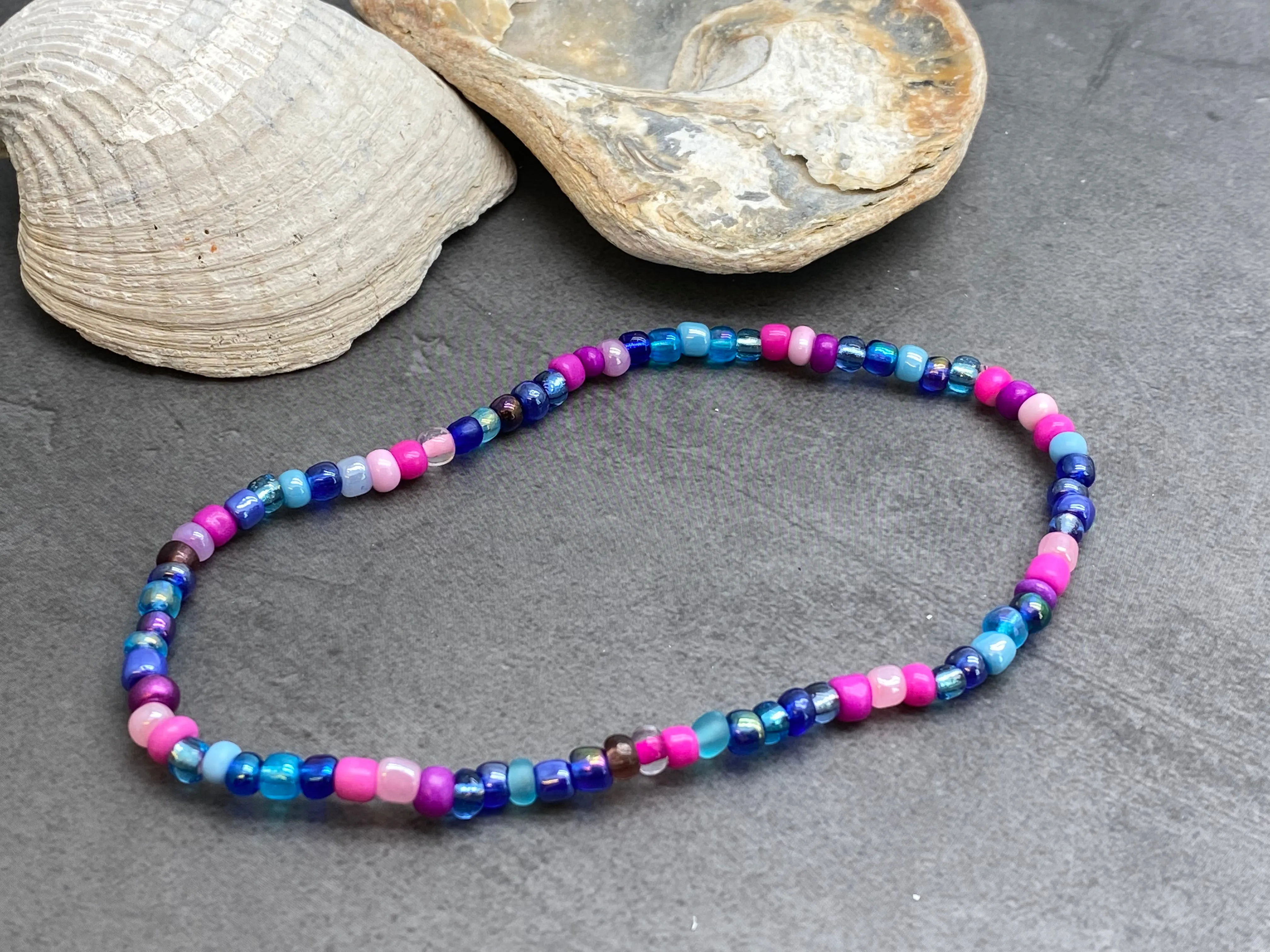 Blue and Pink Glass Seed Bead Anklet