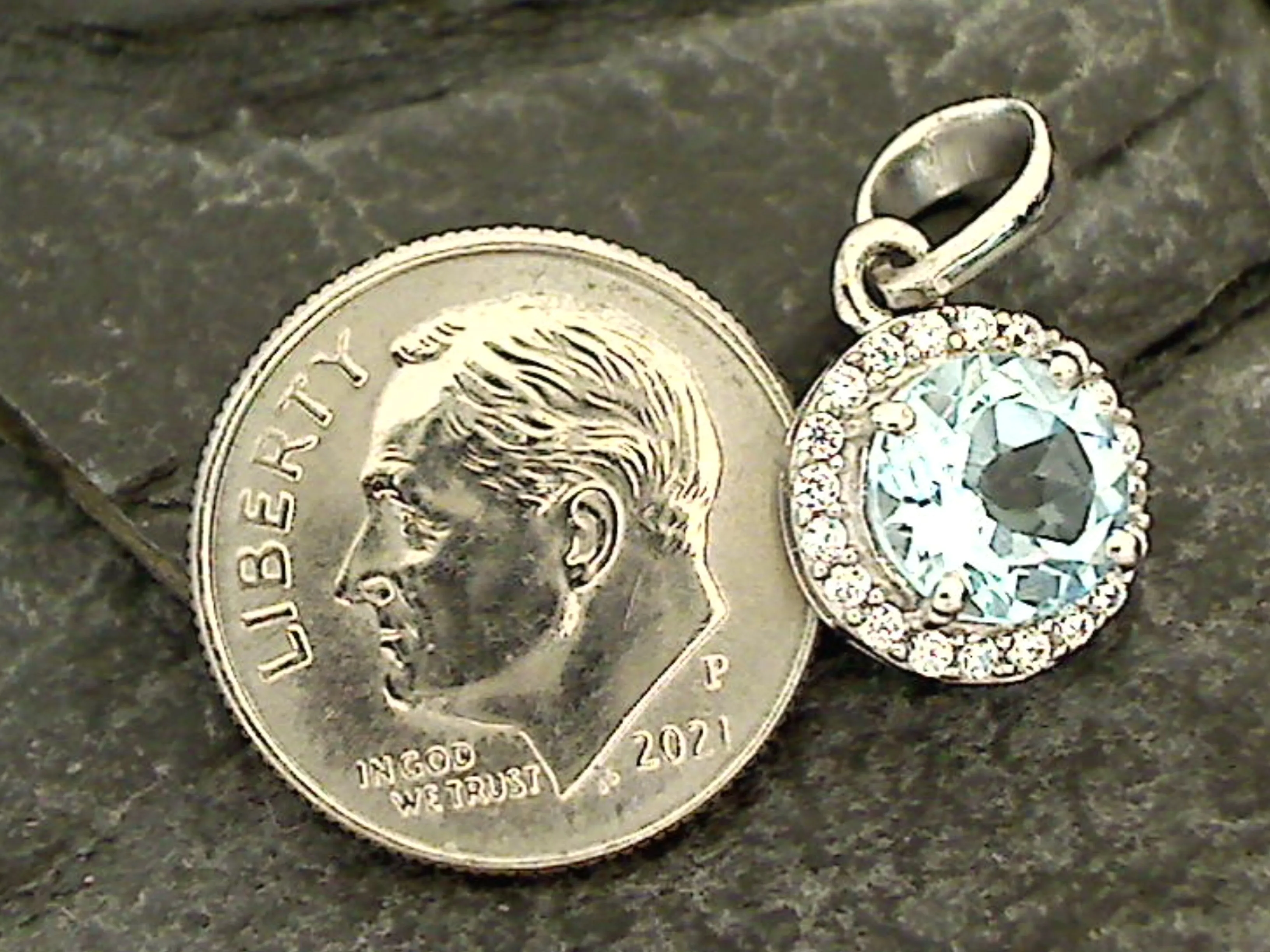 Blue Topaz, CZ, Sterling Silver Small Pendant