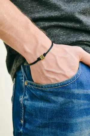 Bronze initial bead bracelet for men, black cord, customised personalized jewelry for him