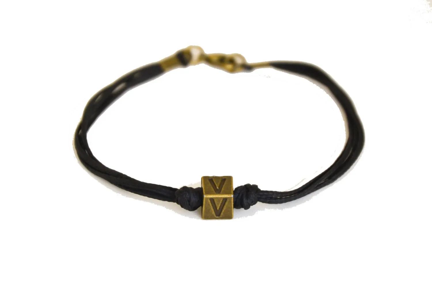 Bronze initial bead bracelet for men, black cord, customised personalized jewelry for him