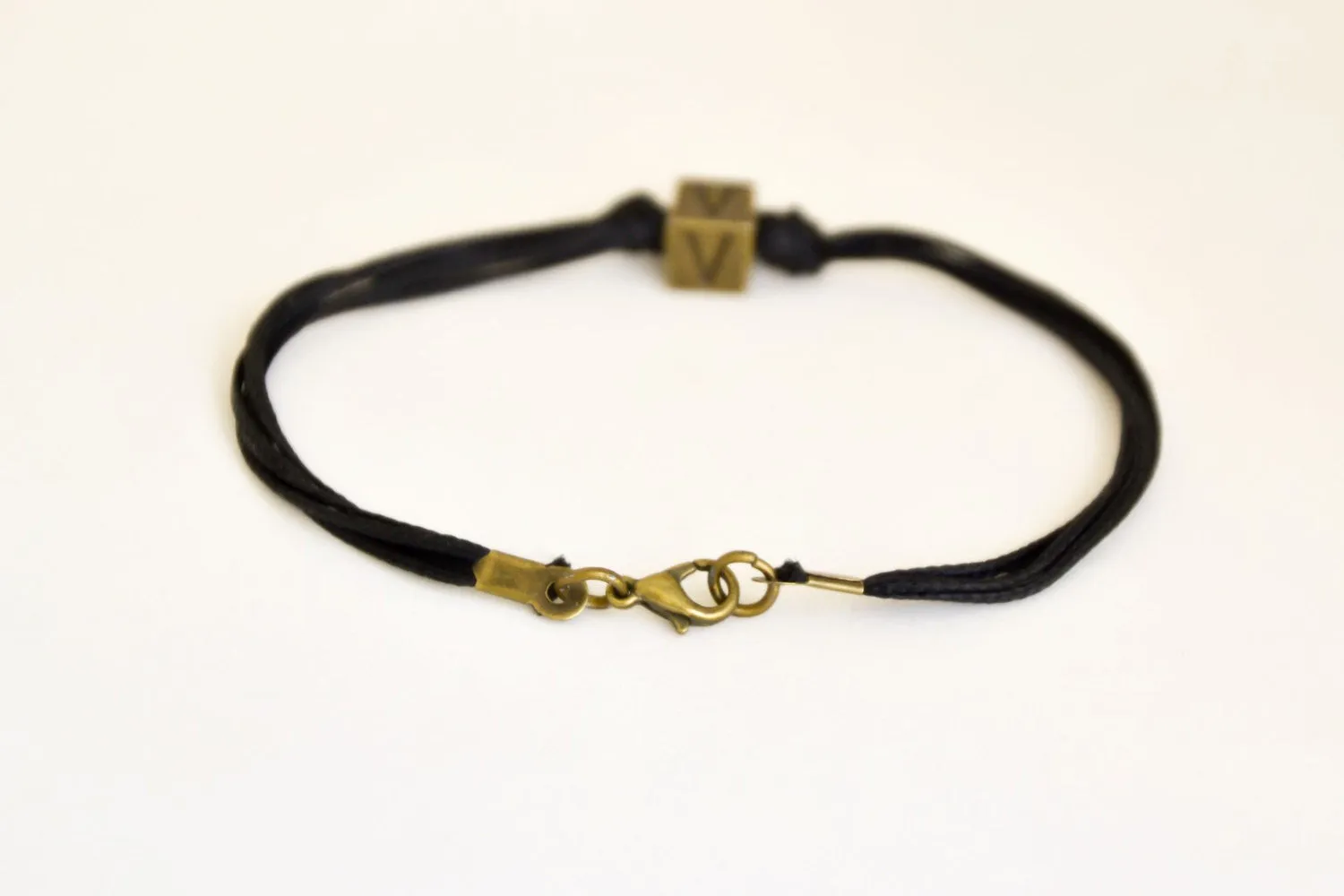 Bronze initial bead bracelet for men, black cord, customised personalized jewelry for him
