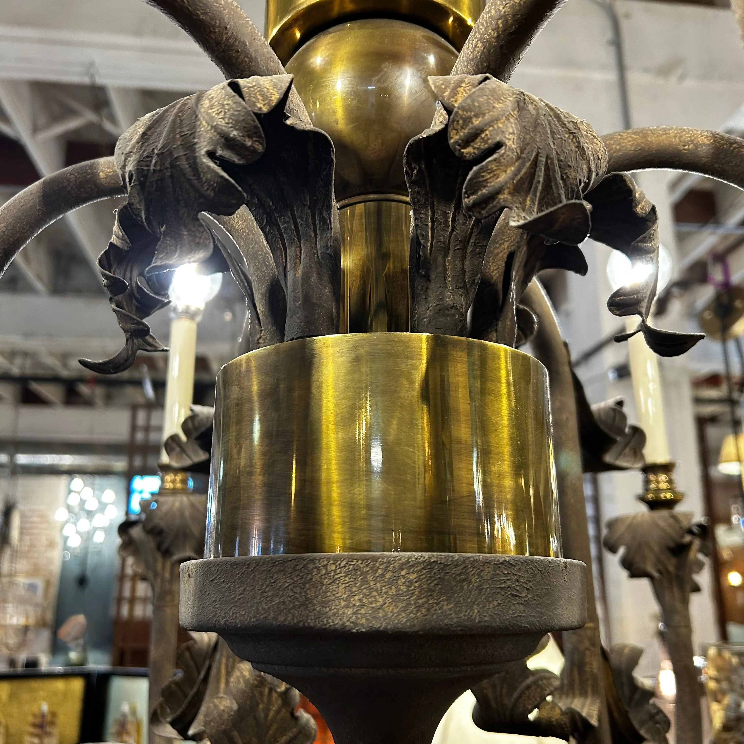 Chandelier, Rustic Finish Brass, Bronze, Nine-Light