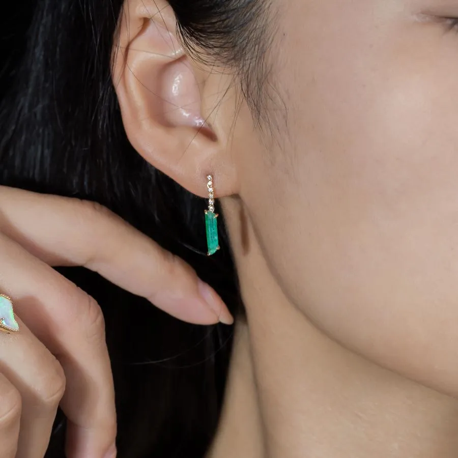 Colombian Raw Emerald Diamond Drop Earrings in 18K Yellow Gold