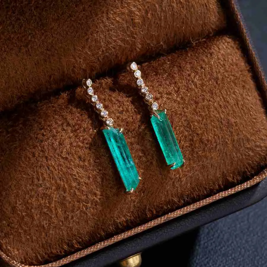 Colombian Raw Emerald Diamond Drop Earrings in 18K Yellow Gold