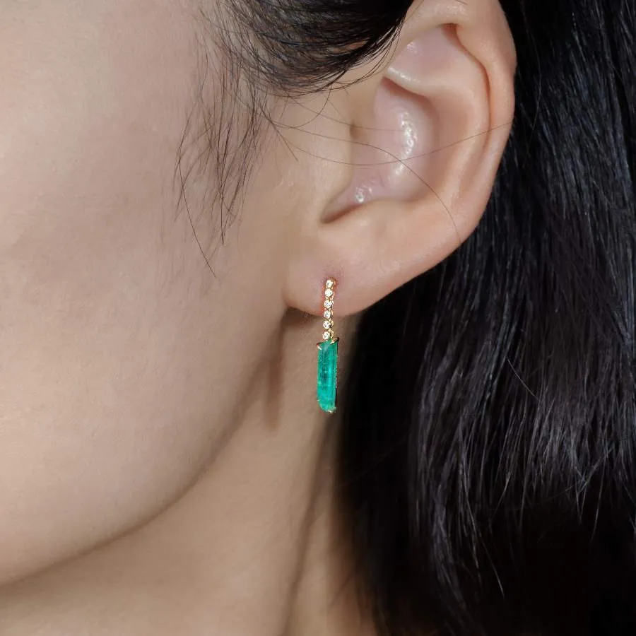 Colombian Raw Emerald Diamond Drop Earrings in 18K Yellow Gold