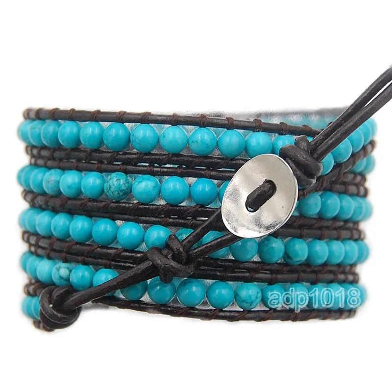 Colorful Hand Made Mixed Crystal and Gemstones Beads 5 Wrap Leather Bracelet