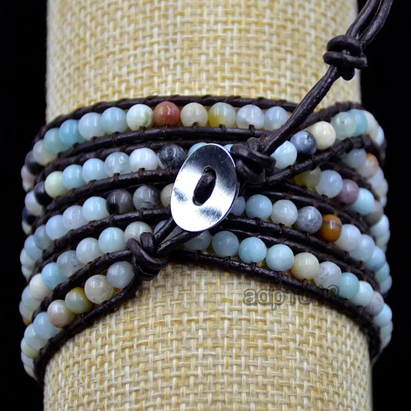 Colorful Hand Made Mixed Crystal and Gemstones Beads 5 Wrap Leather Bracelet