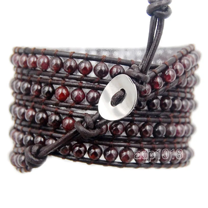 Colorful Hand Made Mixed Crystal and Gemstones Beads 5 Wrap Leather Bracelet