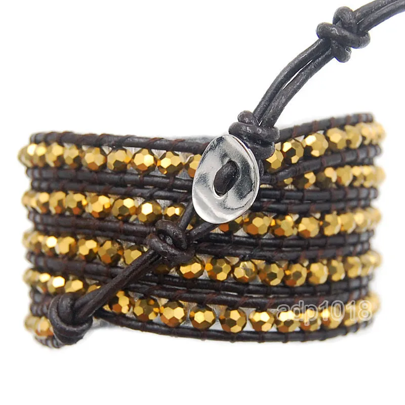 Colorful Hand Made Mixed Crystal and Gemstones Beads 5 Wrap Leather Bracelet