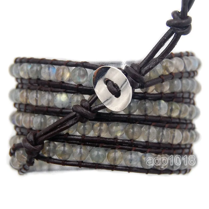 Colorful Hand Made Mixed Crystal and Gemstones Beads 5 Wrap Leather Bracelet