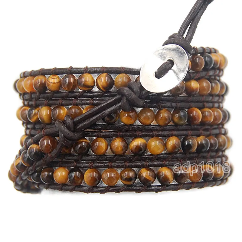 Colorful Hand Made Mixed Crystal and Gemstones Beads 5 Wrap Leather Bracelet
