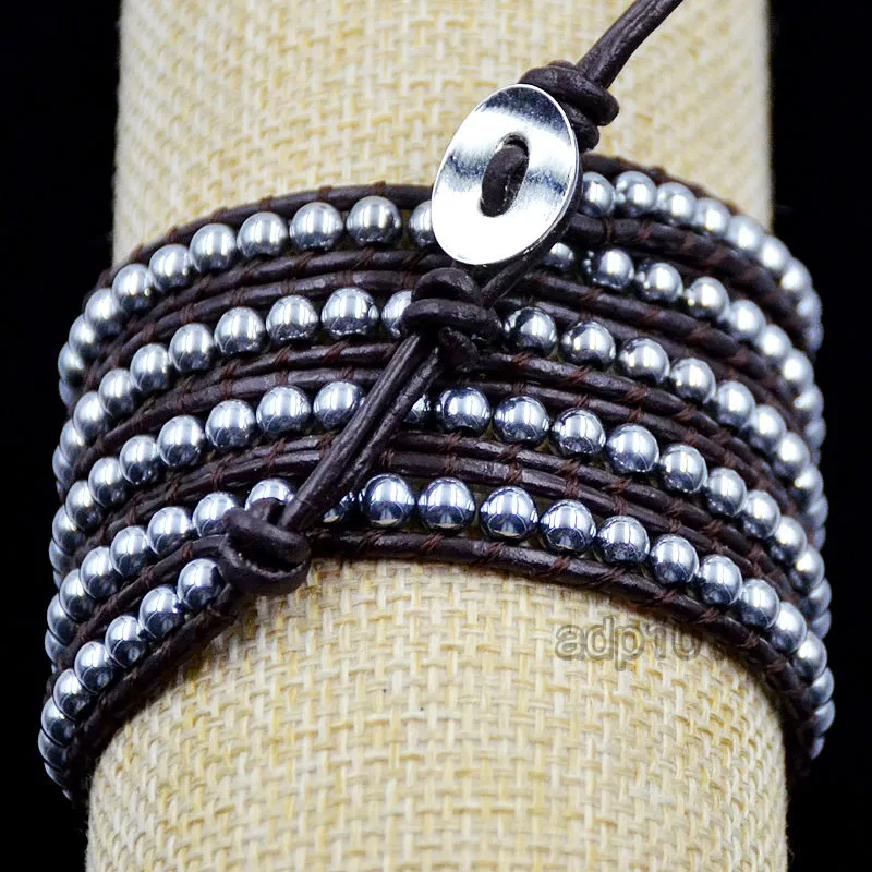 Colorful Hand Made Mixed Crystal and Gemstones Beads 5 Wrap Leather Bracelet