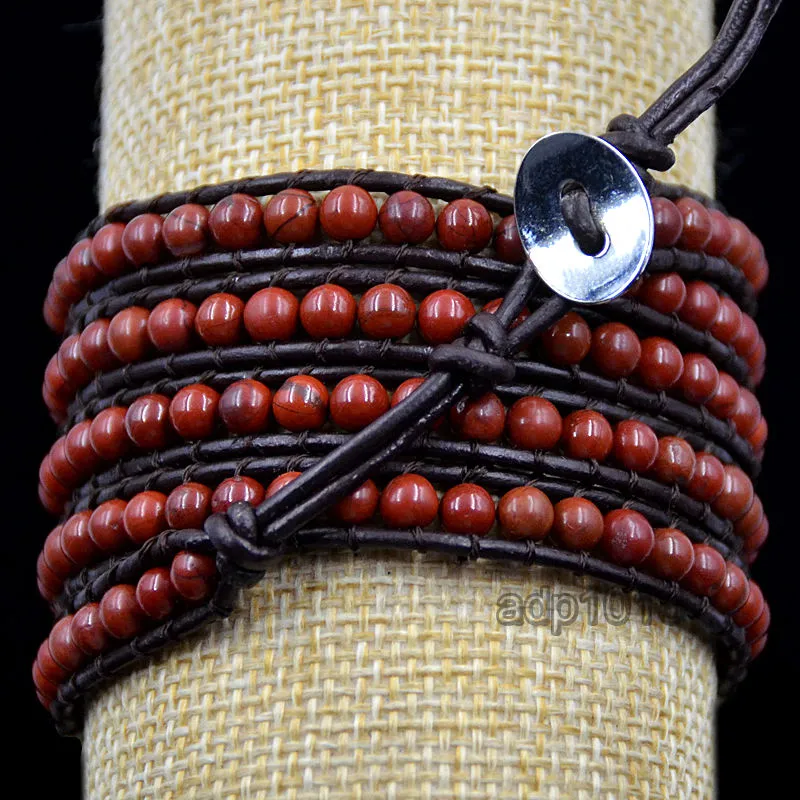Colorful Hand Made Mixed Crystal and Gemstones Beads 5 Wrap Leather Bracelet