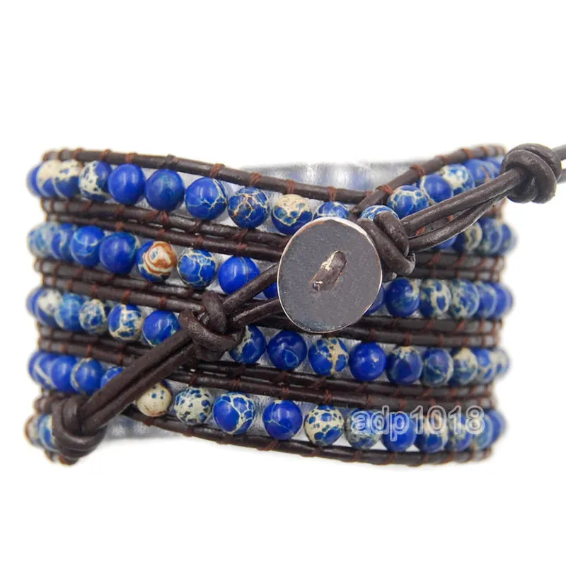 Colorful Hand Made Mixed Crystal and Gemstones Beads 5 Wrap Leather Bracelet