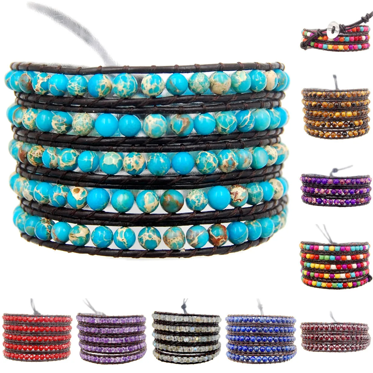 Colorful Hand Made Mixed Crystal and Gemstones Beads 5 Wrap Leather Bracelet