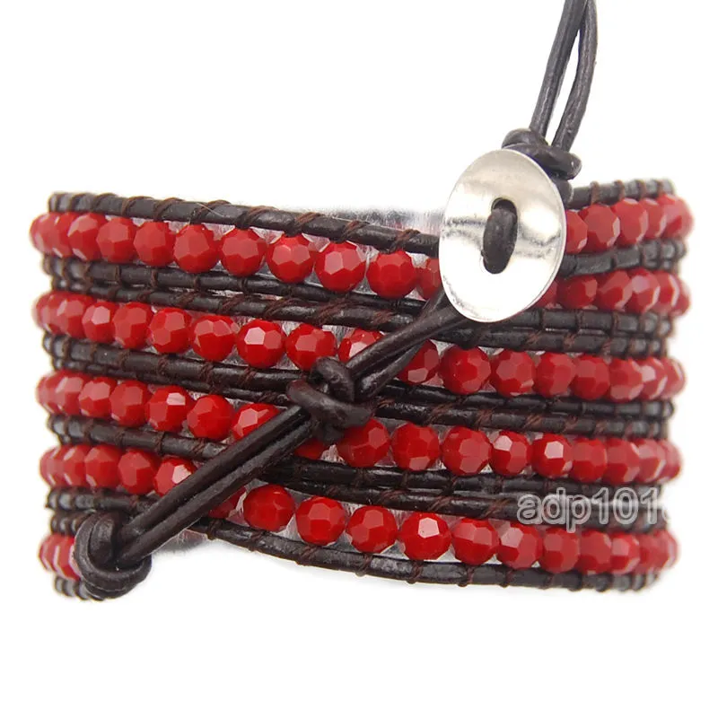 Colorful Hand Made Mixed Crystal and Gemstones Beads 5 Wrap Leather Bracelet