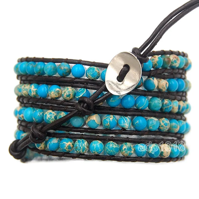 Colorful Hand Made Mixed Crystal and Gemstones Beads 5 Wrap Leather Bracelet