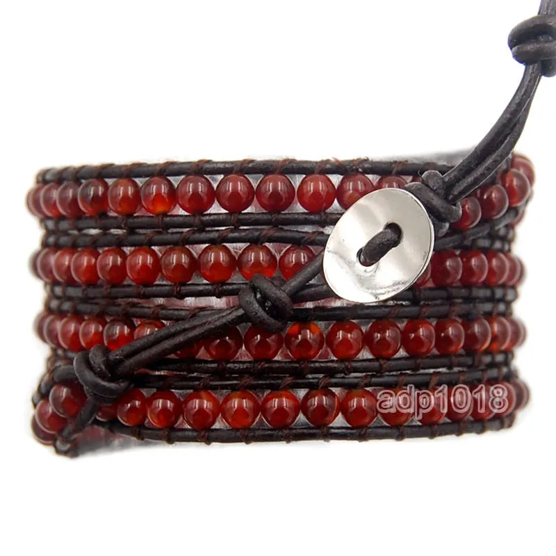 Colorful Hand Made Mixed Crystal and Gemstones Beads 5 Wrap Leather Bracelet