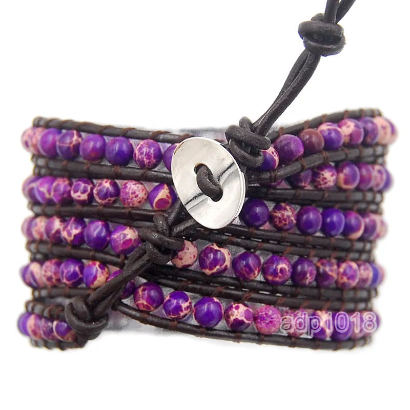 Colorful Hand Made Mixed Crystal and Gemstones Beads 5 Wrap Leather Bracelet