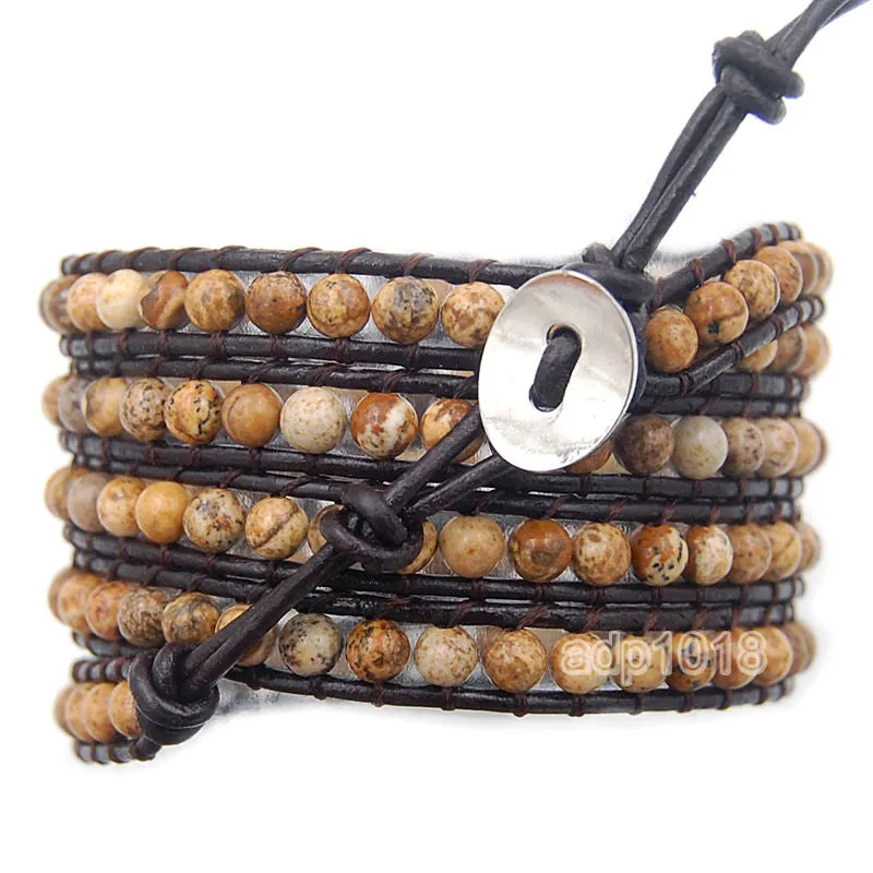 Colorful Hand Made Mixed Crystal and Gemstones Beads 5 Wrap Leather Bracelet