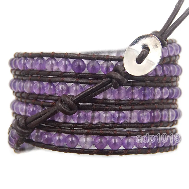 Colorful Hand Made Mixed Crystal and Gemstones Beads 5 Wrap Leather Bracelet