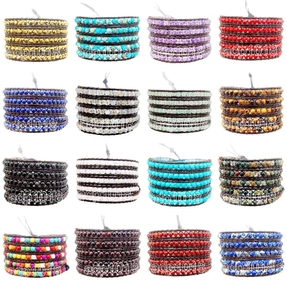 Colorful Hand Made Mixed Crystal and Gemstones Beads 5 Wrap Leather Bracelet