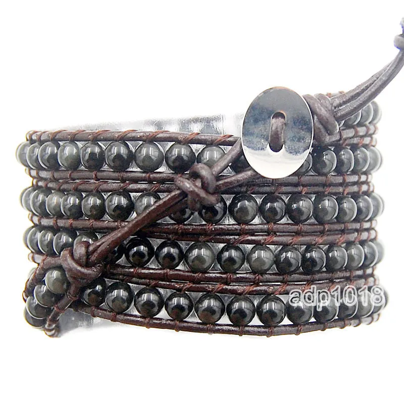 Colorful Hand Made Mixed Crystal and Gemstones Beads 5 Wrap Leather Bracelet