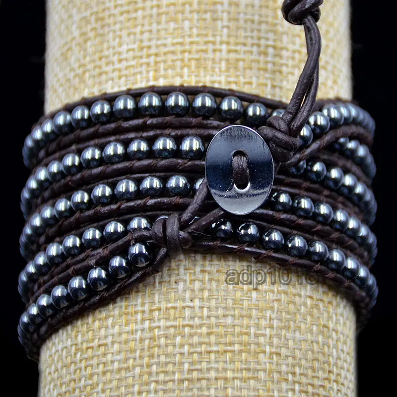 Colorful Hand Made Mixed Crystal and Gemstones Beads 5 Wrap Leather Bracelet
