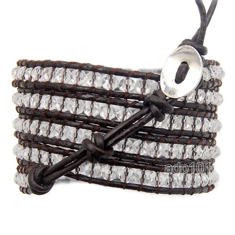 Colorful Hand Made Mixed Crystal and Gemstones Beads 5 Wrap Leather Bracelet