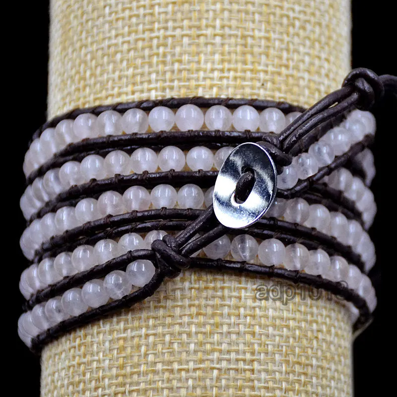 Colorful Hand Made Mixed Crystal and Gemstones Beads 5 Wrap Leather Bracelet