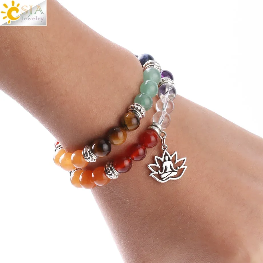 CSJA 7 Chakra Lotus Charms Bracelet Natural Stone Yoga OM 3D Pendants Meditation Healing Beads Bracelets Women Men Jewelry F823