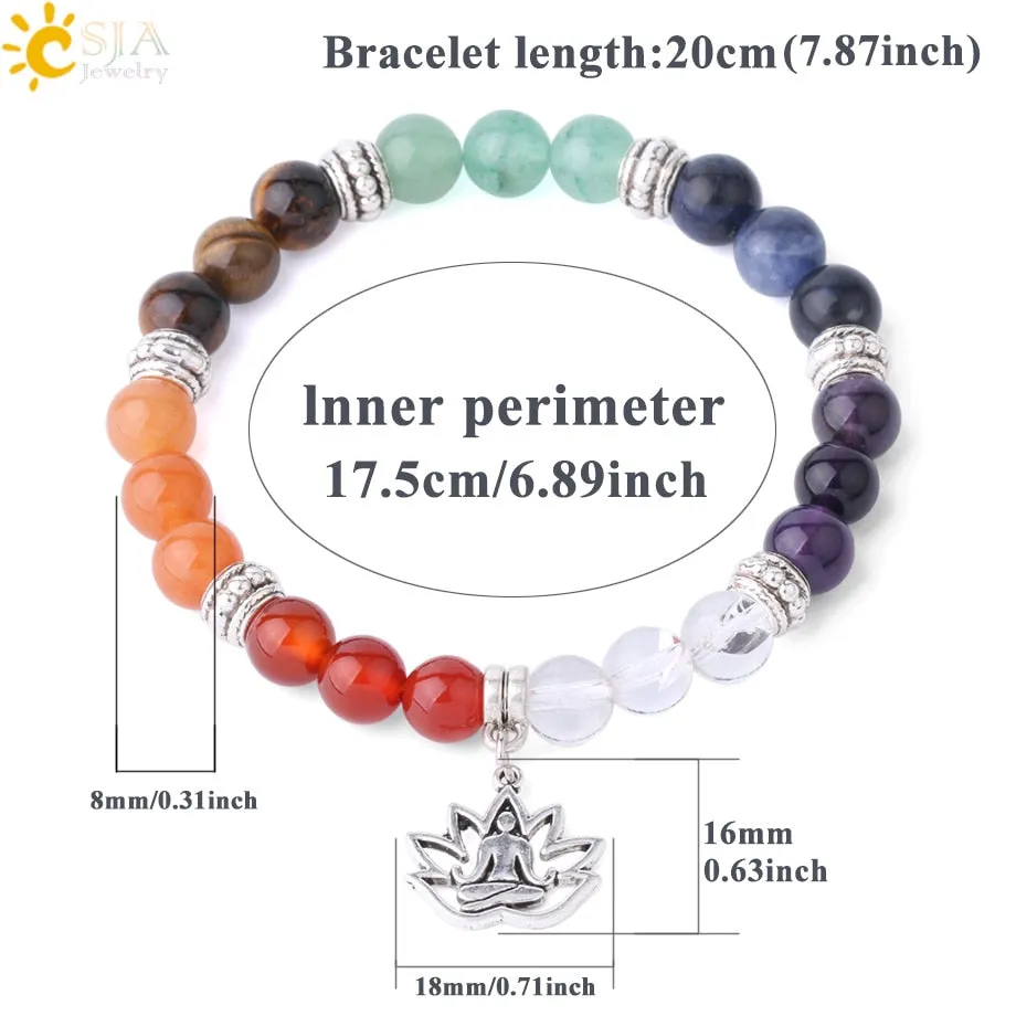 CSJA 7 Chakra Lotus Charms Bracelet Natural Stone Yoga OM 3D Pendants Meditation Healing Beads Bracelets Women Men Jewelry F823