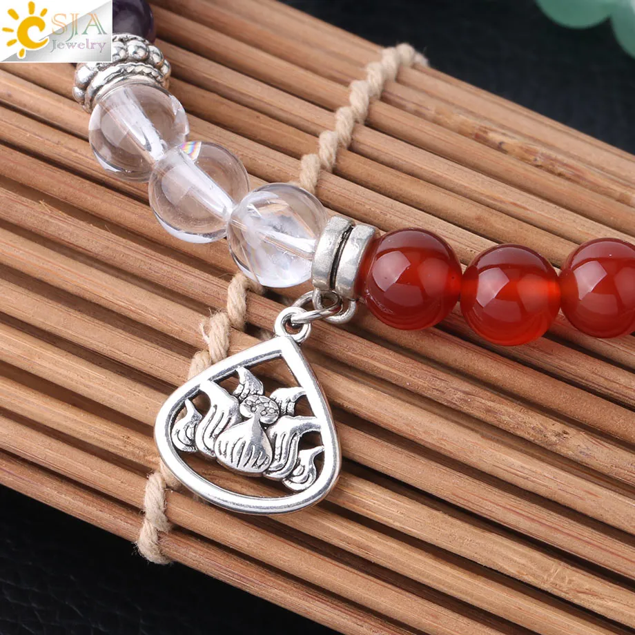 CSJA 7 Chakra Lotus Charms Bracelet Natural Stone Yoga OM 3D Pendants Meditation Healing Beads Bracelets Women Men Jewelry F823