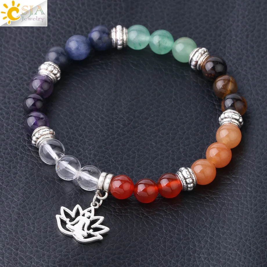 CSJA 7 Chakra Lotus Charms Bracelet Natural Stone Yoga OM 3D Pendants Meditation Healing Beads Bracelets Women Men Jewelry F823
