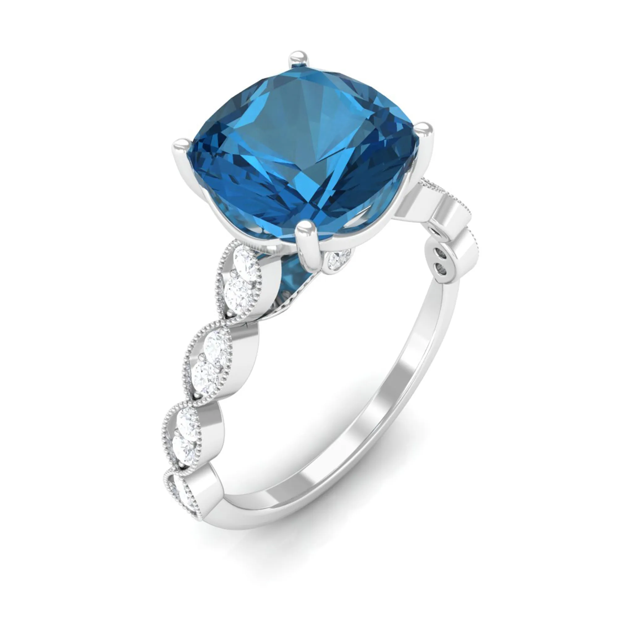 Cushion Cut London Blue Topaz Engagement Ring with Diamond