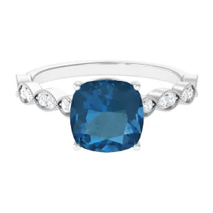 Cushion Cut London Blue Topaz Engagement Ring with Diamond