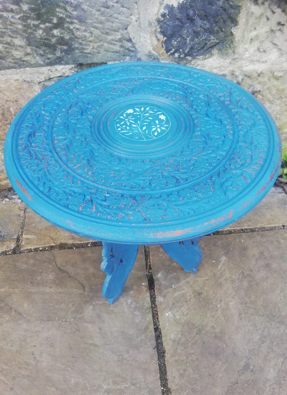 Cute carved side table painted in miss mustard seed milk paint