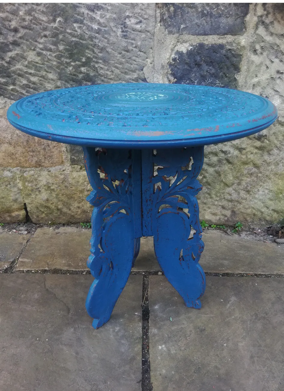 Cute carved side table painted in miss mustard seed milk paint