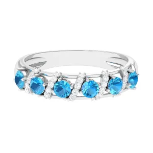 Designer Swiss Blue Topaz Anniversary Ring with Diamond