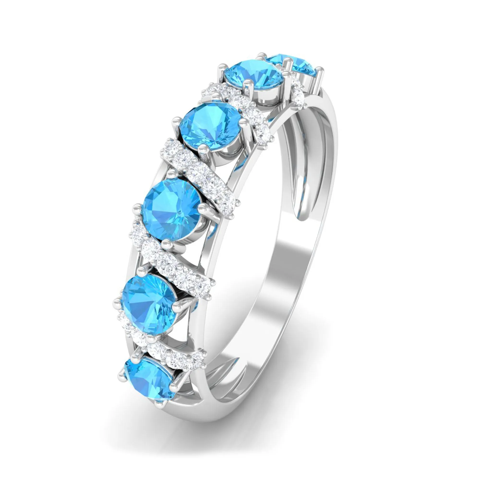 Designer Swiss Blue Topaz Anniversary Ring with Diamond