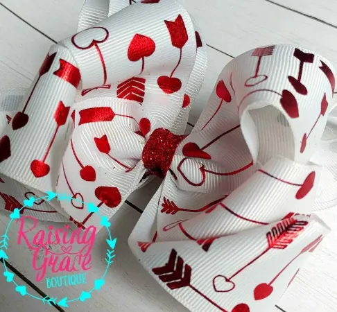 Double Stacked Valentines Heart Arrow Hair Bow