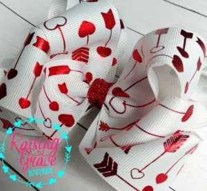 Double Stacked Valentines Heart Arrow Hair Bow