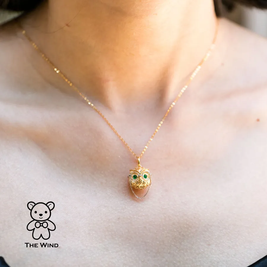 Dr. Owl Emerald Pendant Necklace 18K Yellow Gold with White Gold Glasses