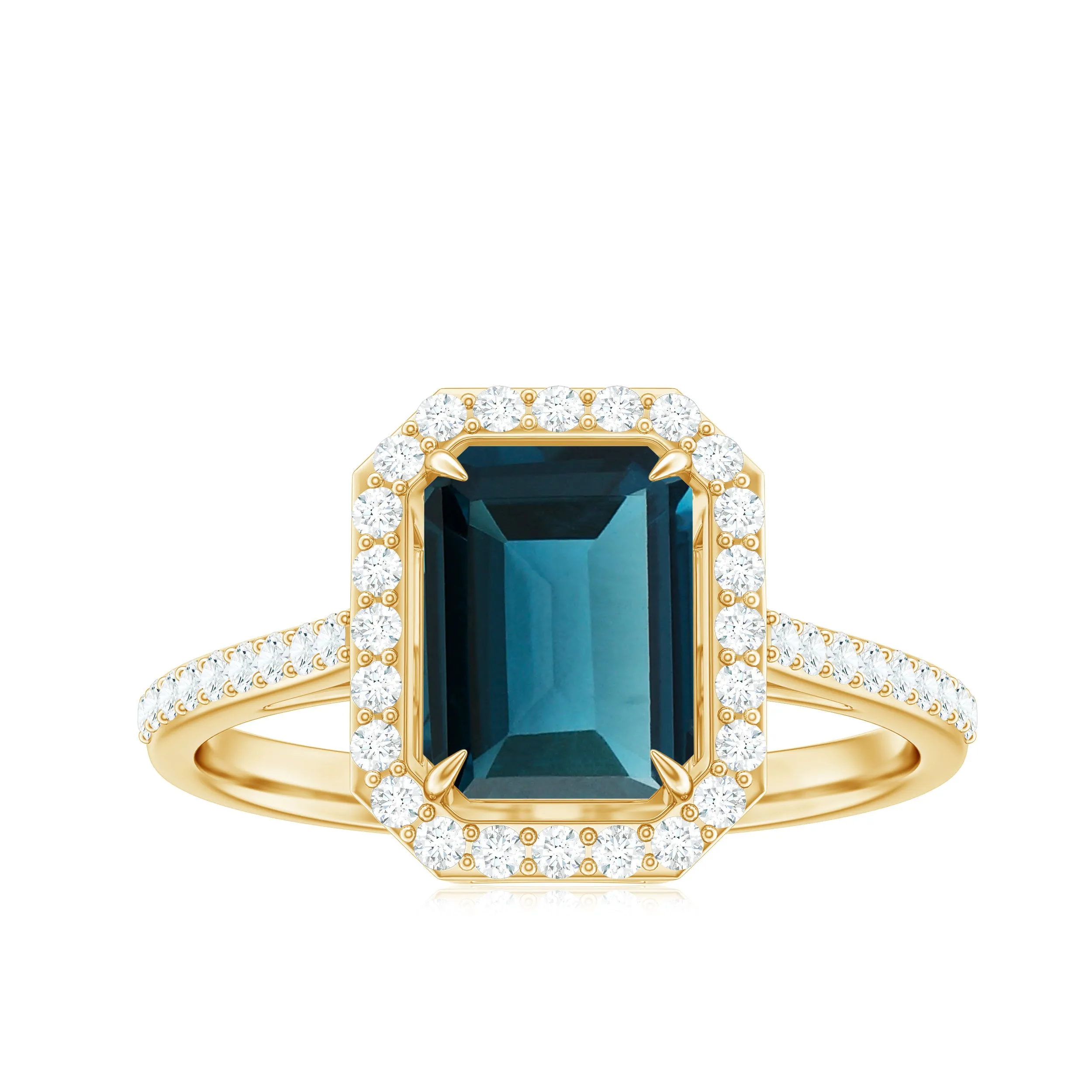 Emerald Cut London Blue Topaz and Diamond Halo Engagement Ring