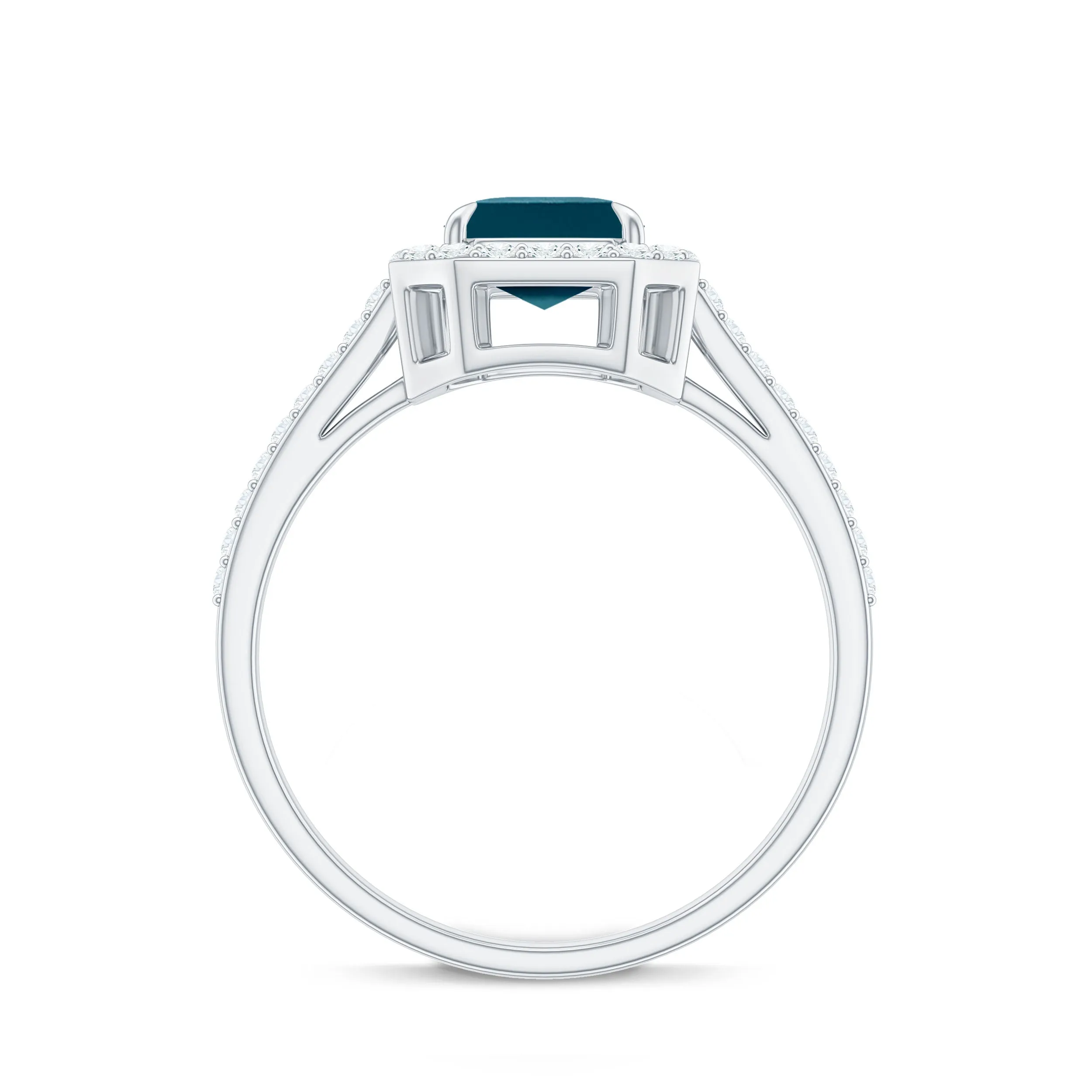 Emerald Cut London Blue Topaz and Diamond Halo Engagement Ring