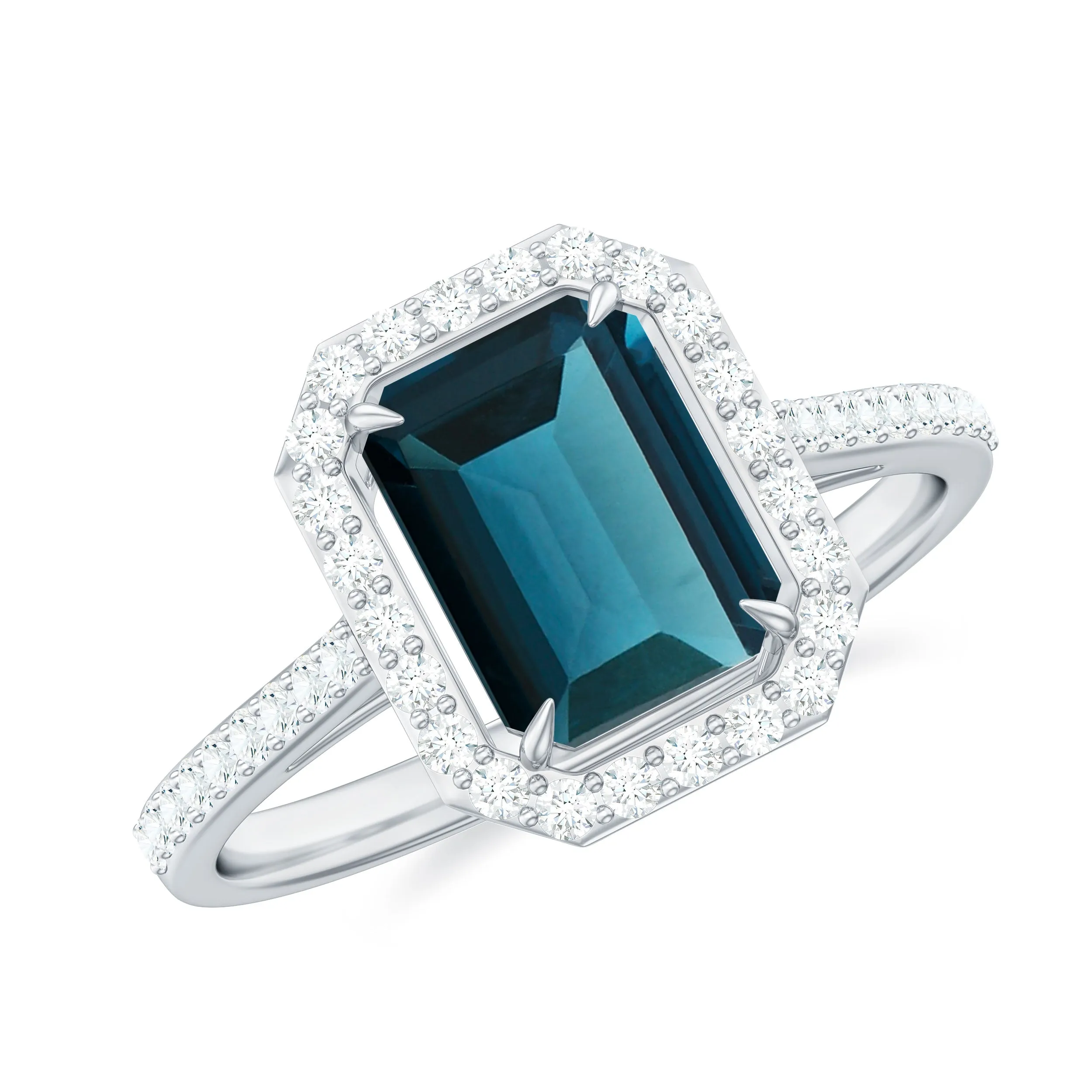 Emerald Cut London Blue Topaz and Diamond Halo Engagement Ring