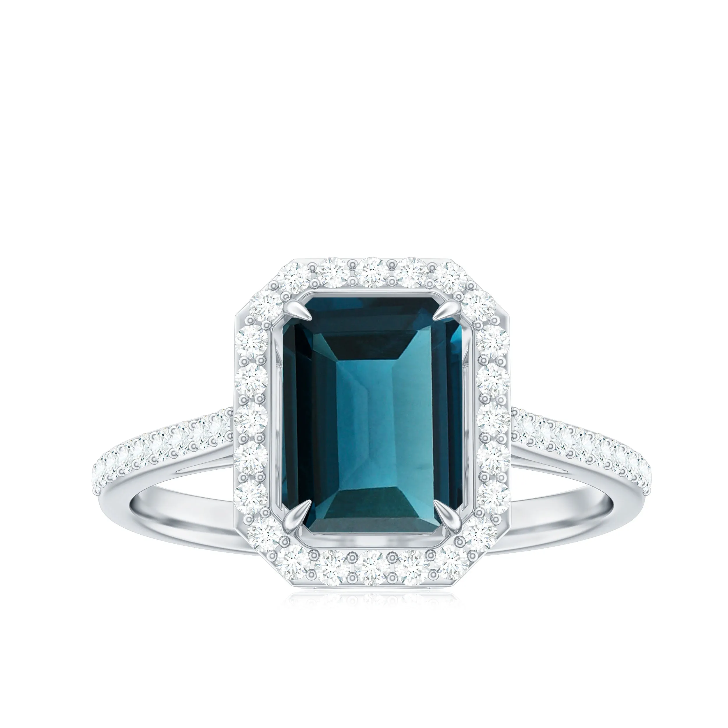 Emerald Cut London Blue Topaz and Diamond Halo Engagement Ring